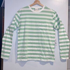 RicherPoorer Mens Long Sleeve Shirt Small Green White Striped Pocket Pima Cotton